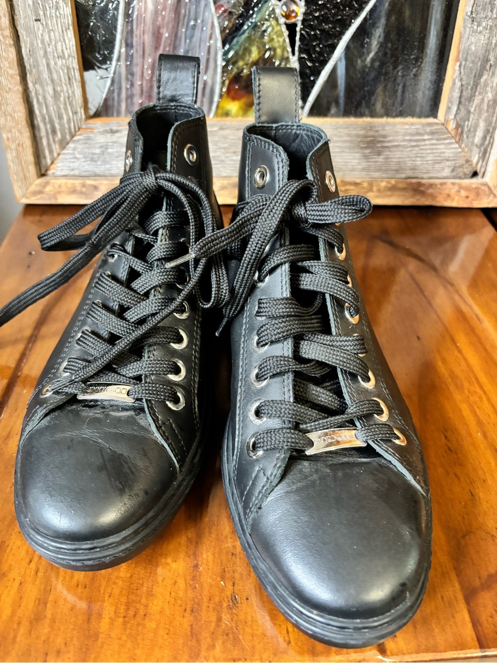 Jimmy Choo Black Leather High-Top Lace-Up Sneakers with Star studs